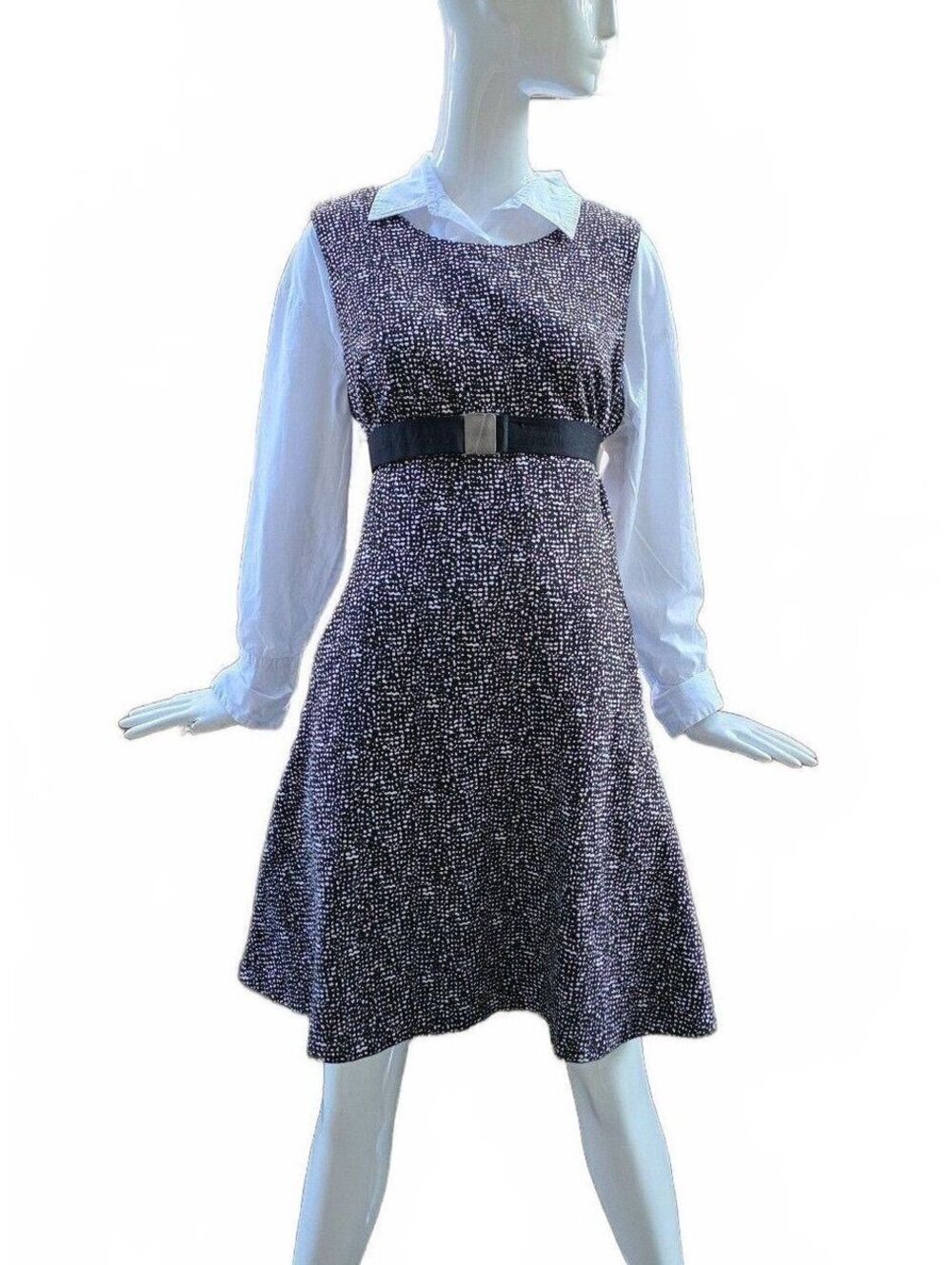 DKNY Black White Jacquard Knit Fit Flare A-Line Dress Size 14 Stretch Sleeveless